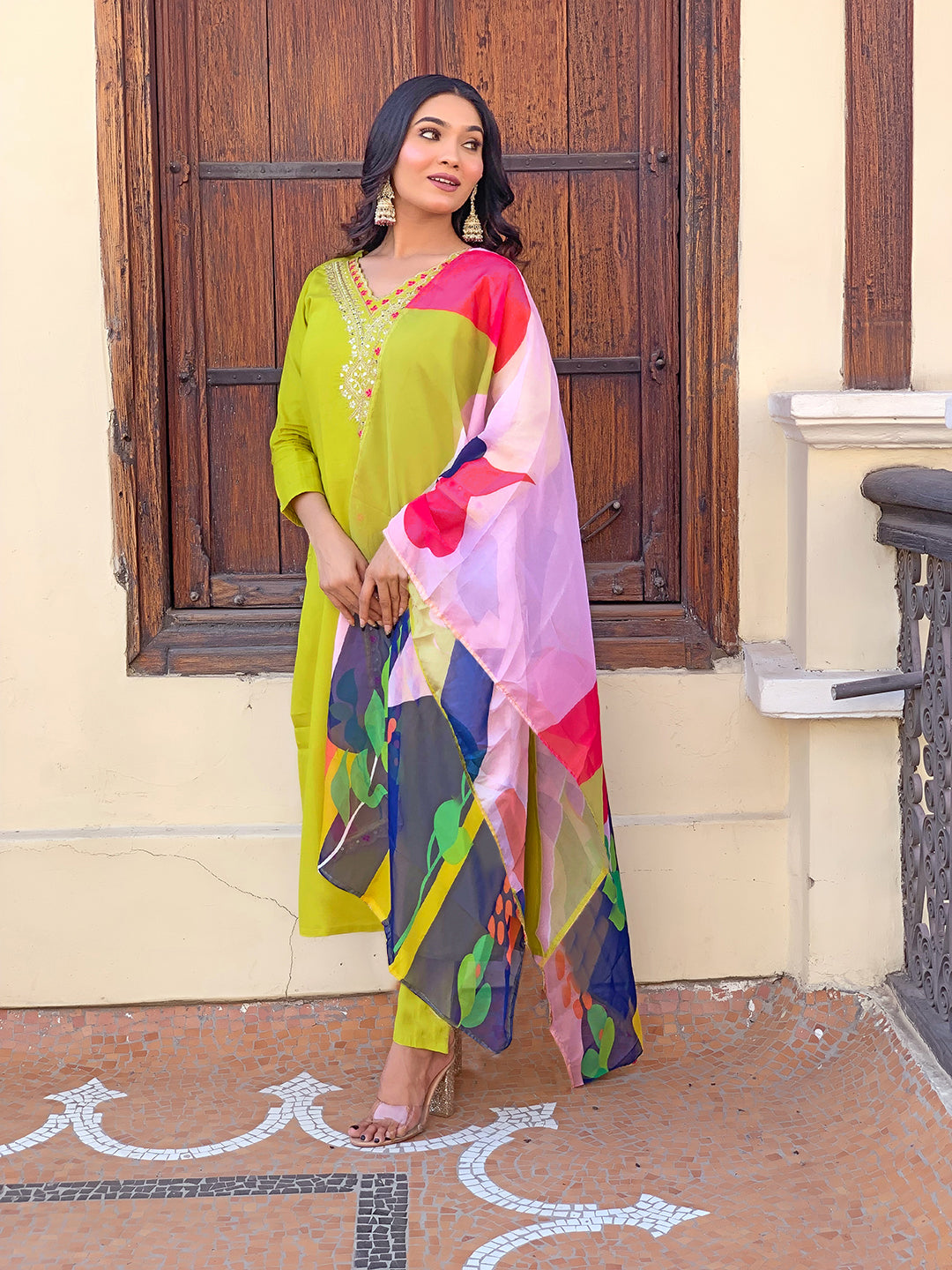 Lemon Yellow Embroidered Rayon Kurta Set with Dupatta for Women