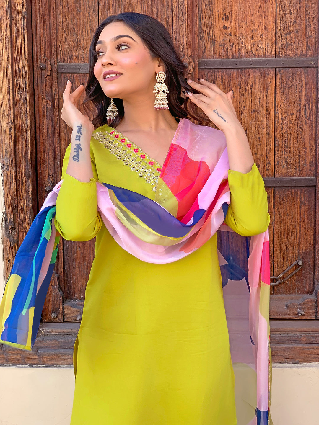Lemon Yellow Embroidered Rayon Kurta Set with Dupatta for Women