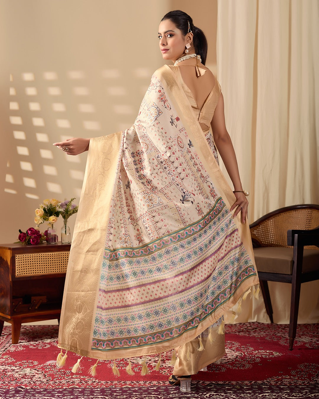 Beige Lichi Silk Saree with Gold Zari Border Design for Women