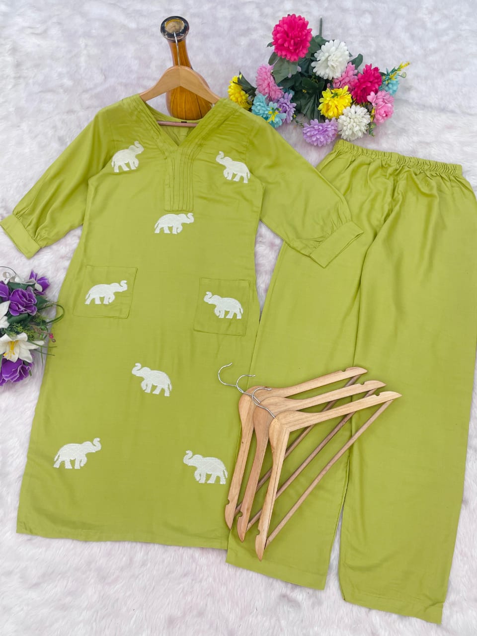 Lime Green Elephant Embroidery Rayon Kurti Pant Set for Women