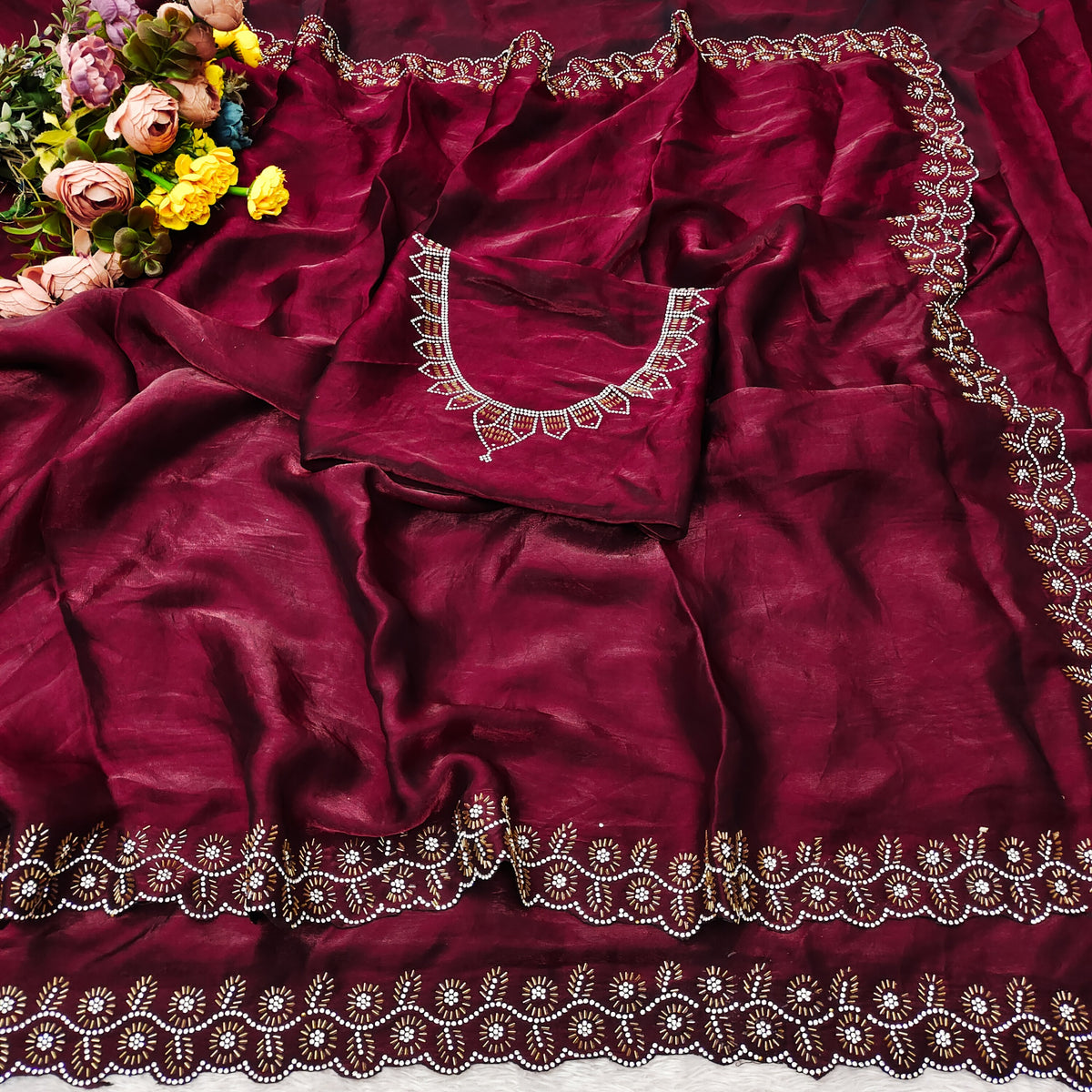 Luxury Wine Red Saree with Fine Zarkan Detailing for Women