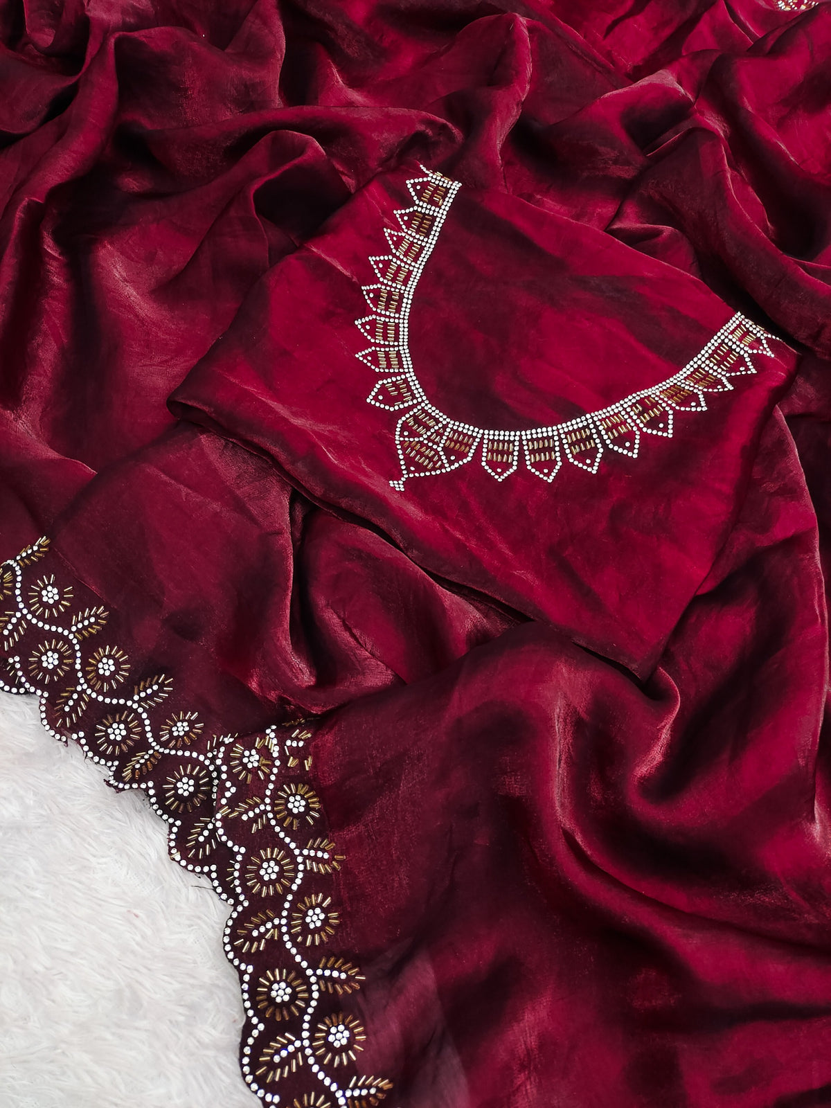 Luxury Wine Red Saree with Fine Zarkan Detailing for Women
