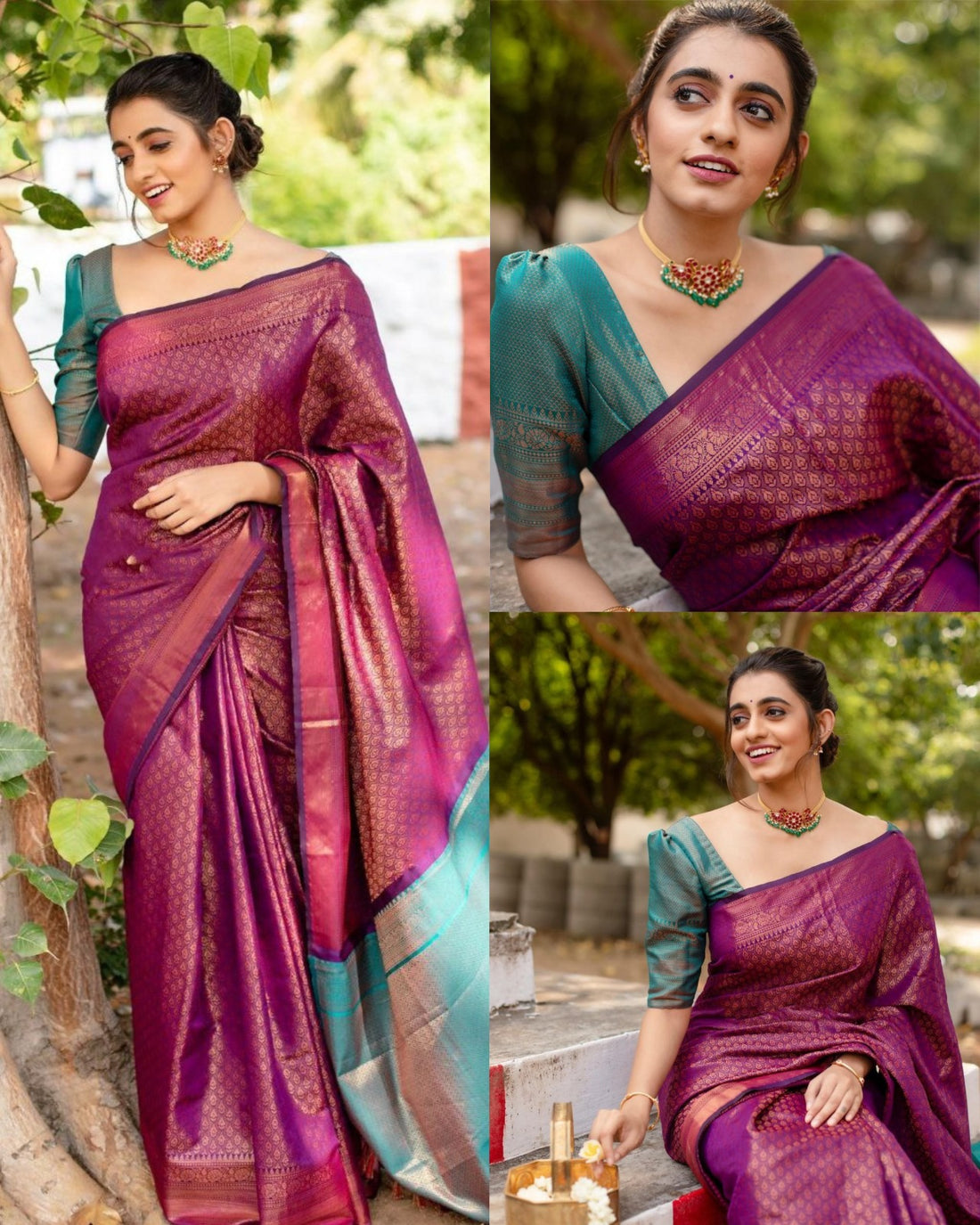 Magenta Lichi Silk Saree with Copper Zari Pallu for Women