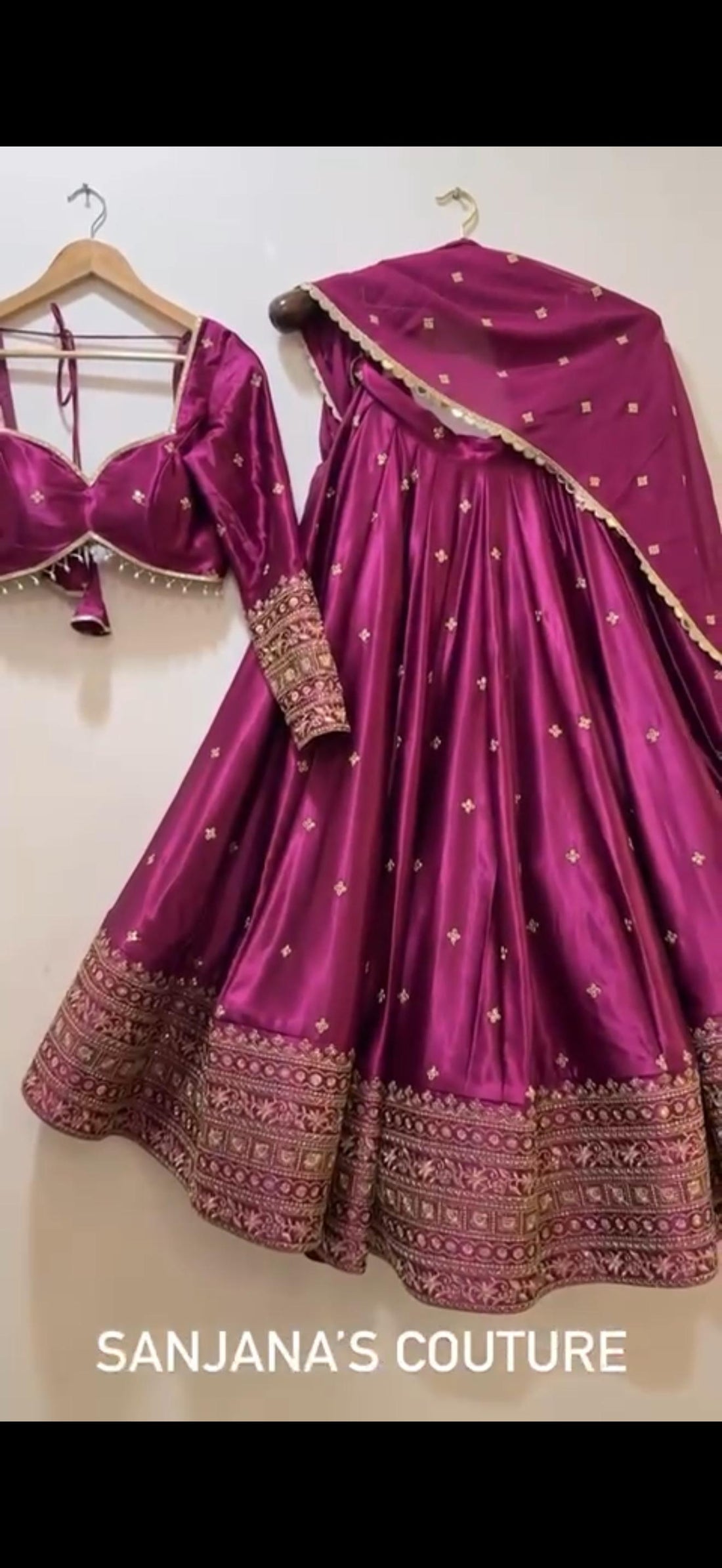 Magenta Satin Embroidered Lehenga Set for Women