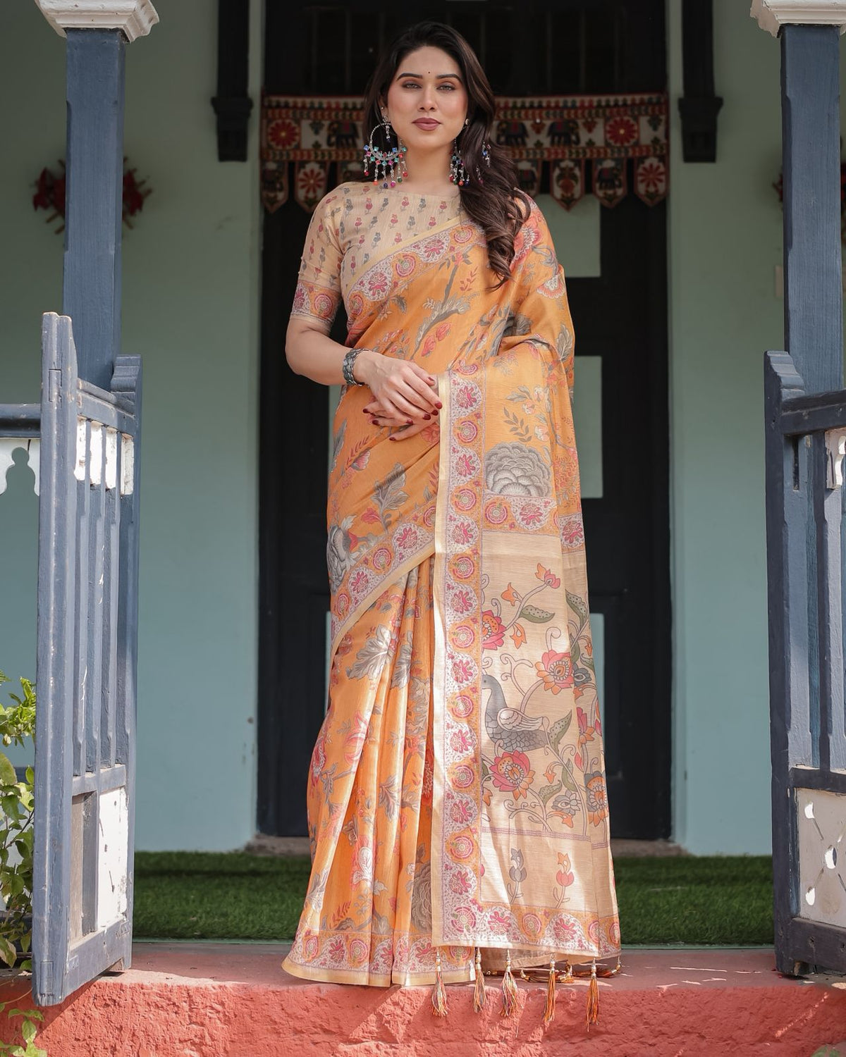 Marigold Handloom Floral Bird Print Saree with Tassel Pallu for Women