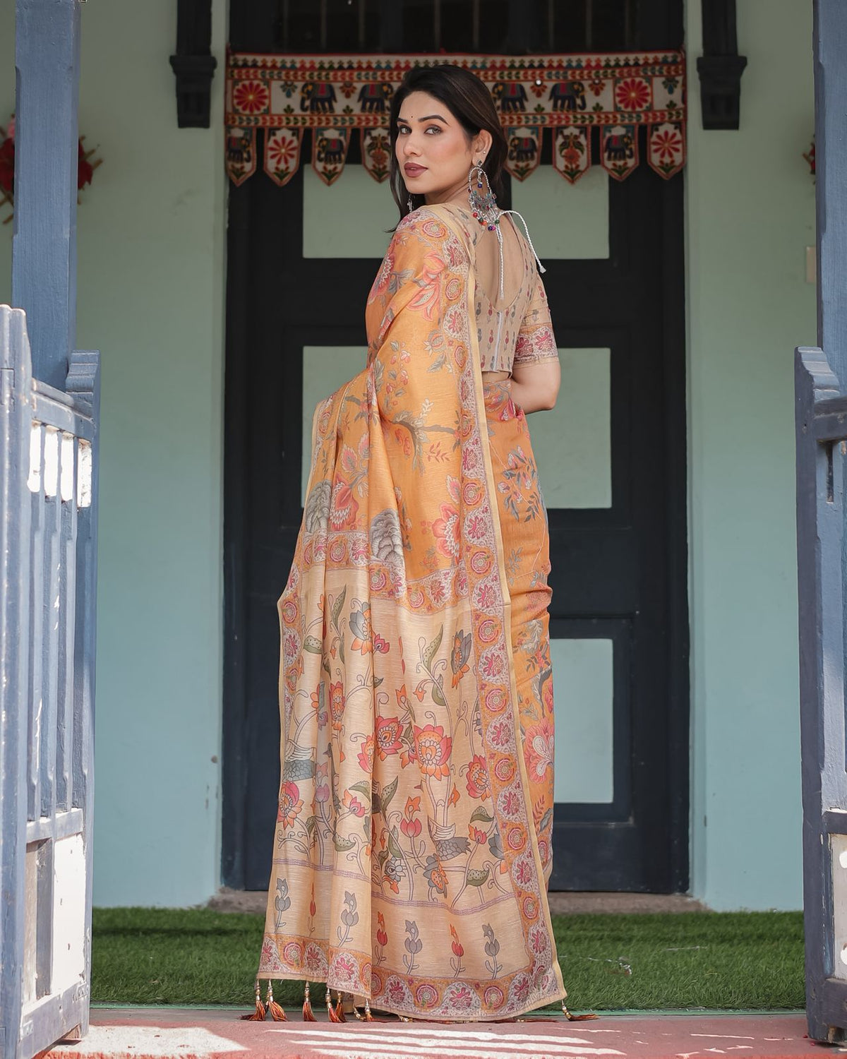 Marigold Handloom Floral Bird Print Saree with Tassel Pallu for Women