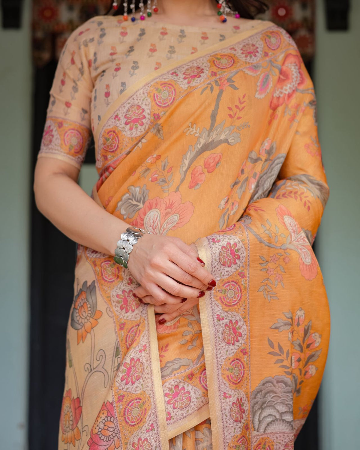 Marigold Handloom Floral Bird Print Saree with Tassel Pallu for Women
