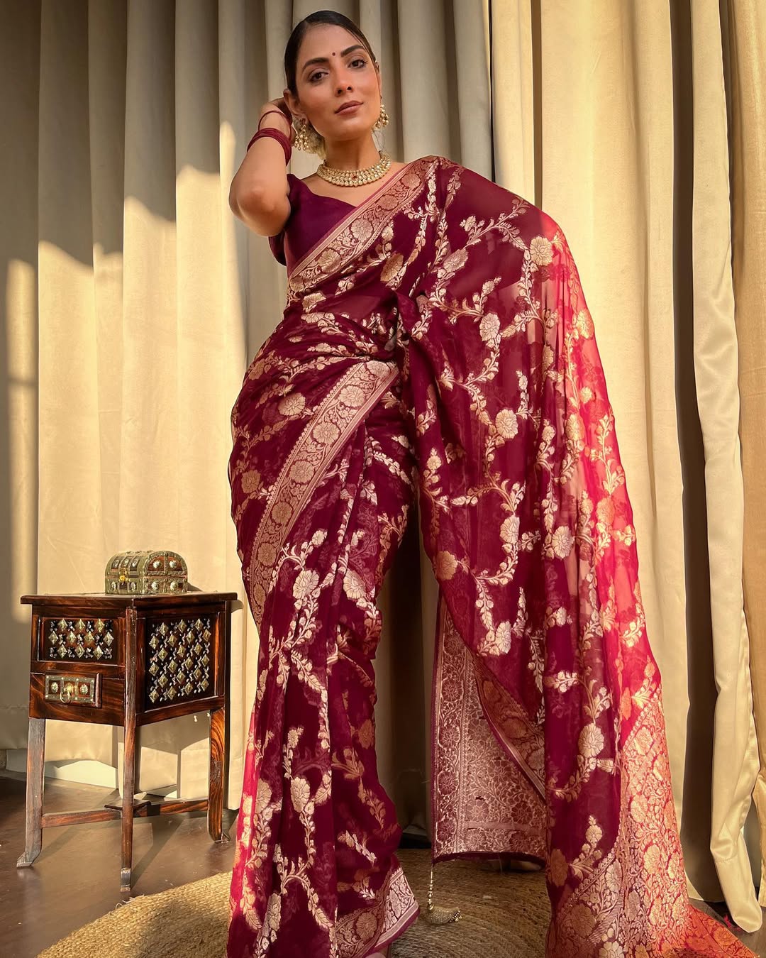 Maroon Banarasi Lichi Silk Saree With Zari Work for Women