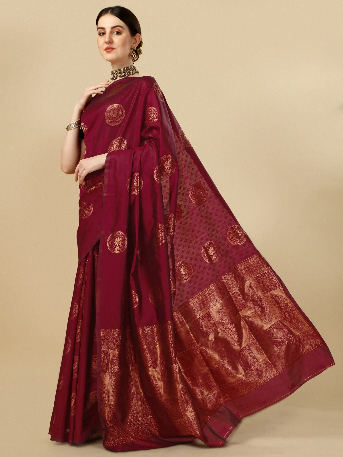 Maroon Banarasi Soft Silk Saree with Classic Zari Motifs for Women