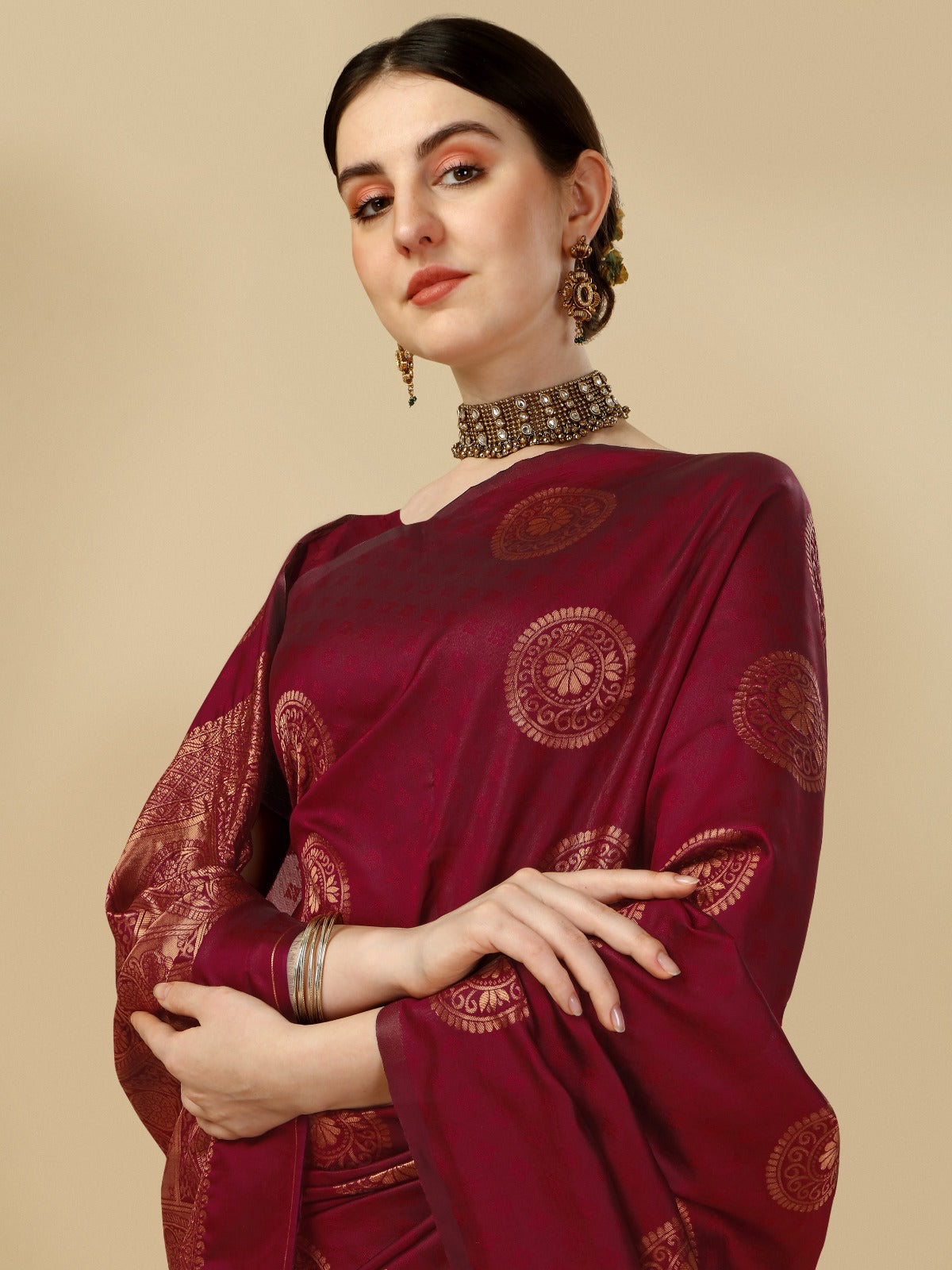 Maroon Banarasi Soft Silk Saree with Classic Zari Motifs for Women