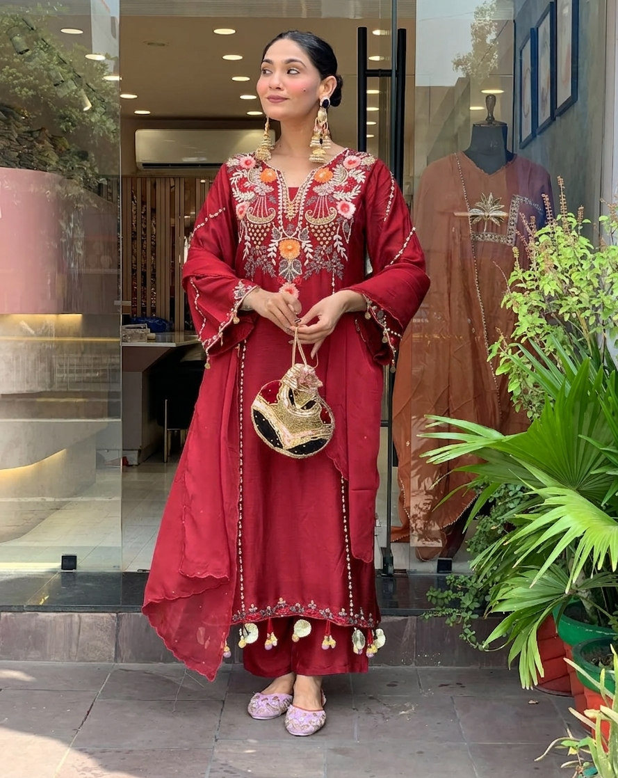 Maroon Chanderi Embroidered Kurta Set with Dupatta for Women