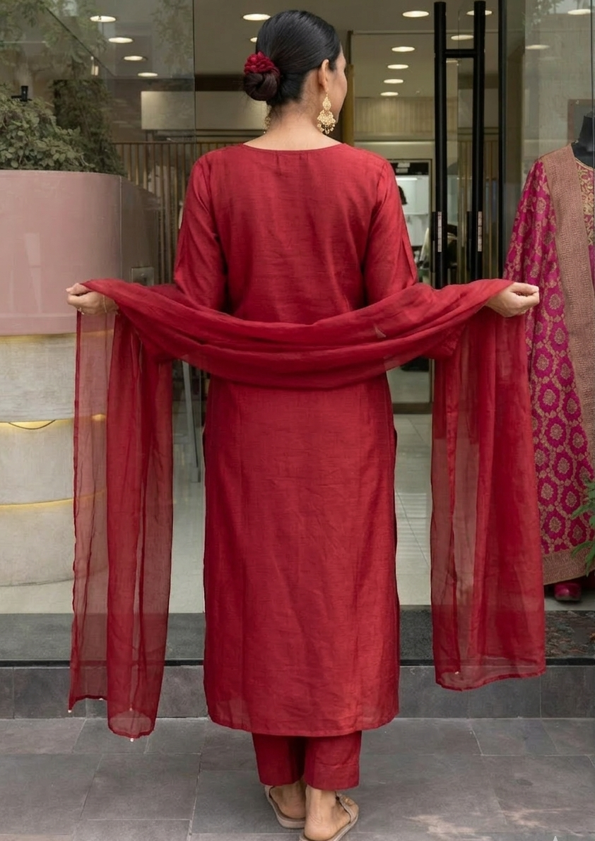 Maroon Chanderi Embroidered Kurta Set with Dupatta for Women