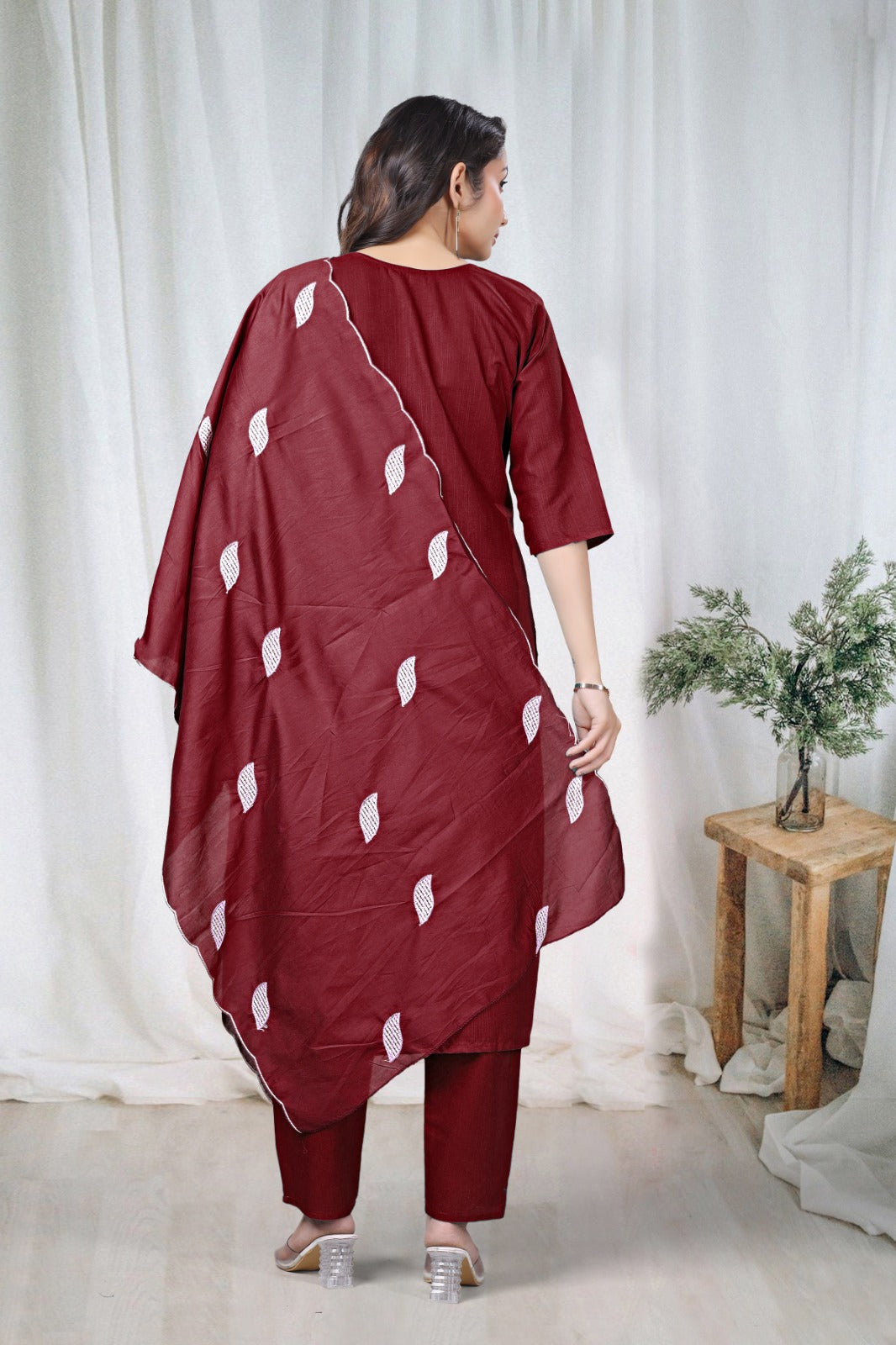 Maroon Embroidered Cotton Kurta Pant Set for Women