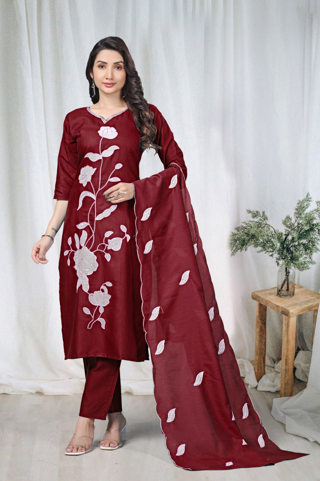 Maroon Embroidered Cotton Kurta Pant Set for Women