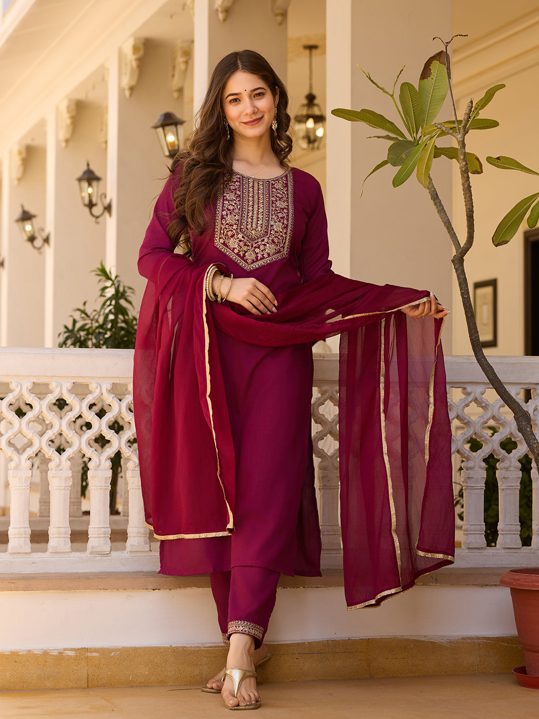 Maroon Embroidered Rayon Kurta Set with Chinon Dupatta for Women