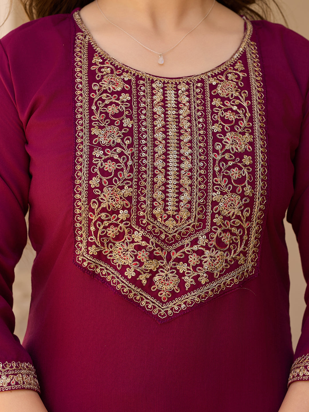 Maroon Embroidered Rayon Kurta Set with Chinon Dupatta for Women