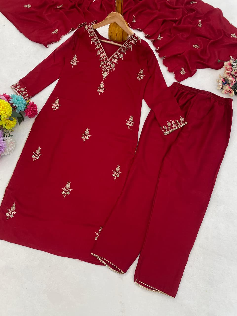 Maroon Embroidered Vichitra Silk Kurta Pant Set for Women