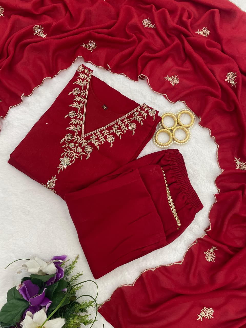 Maroon Embroidered Vichitra Silk Kurta Pant Set for Women