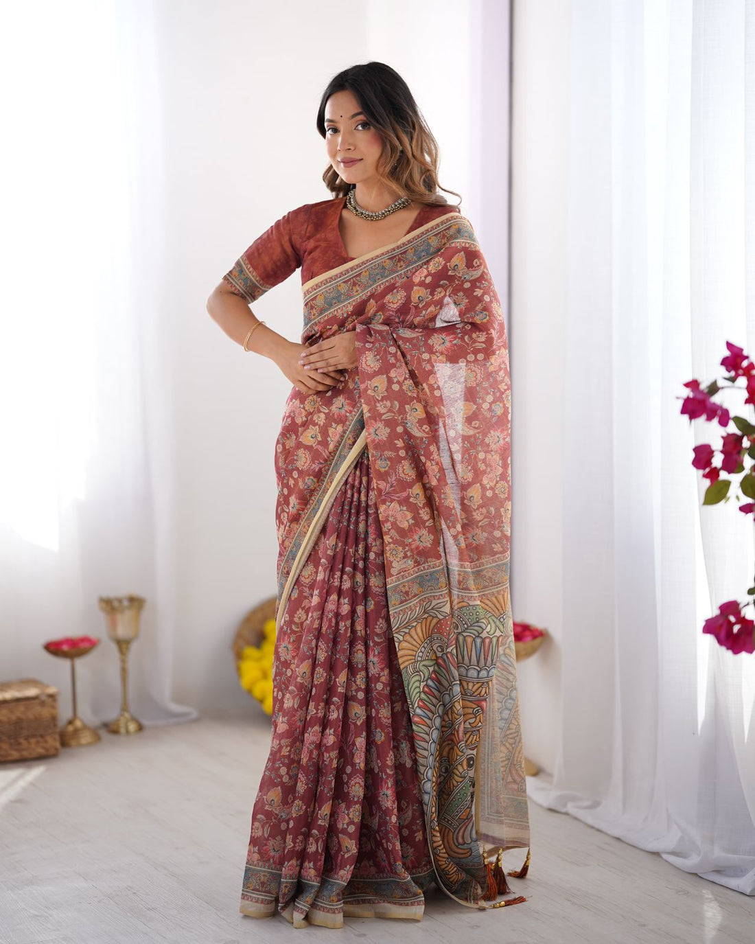 Rust Maroon Handloom Cotton Saree with Floral Print and Traditional