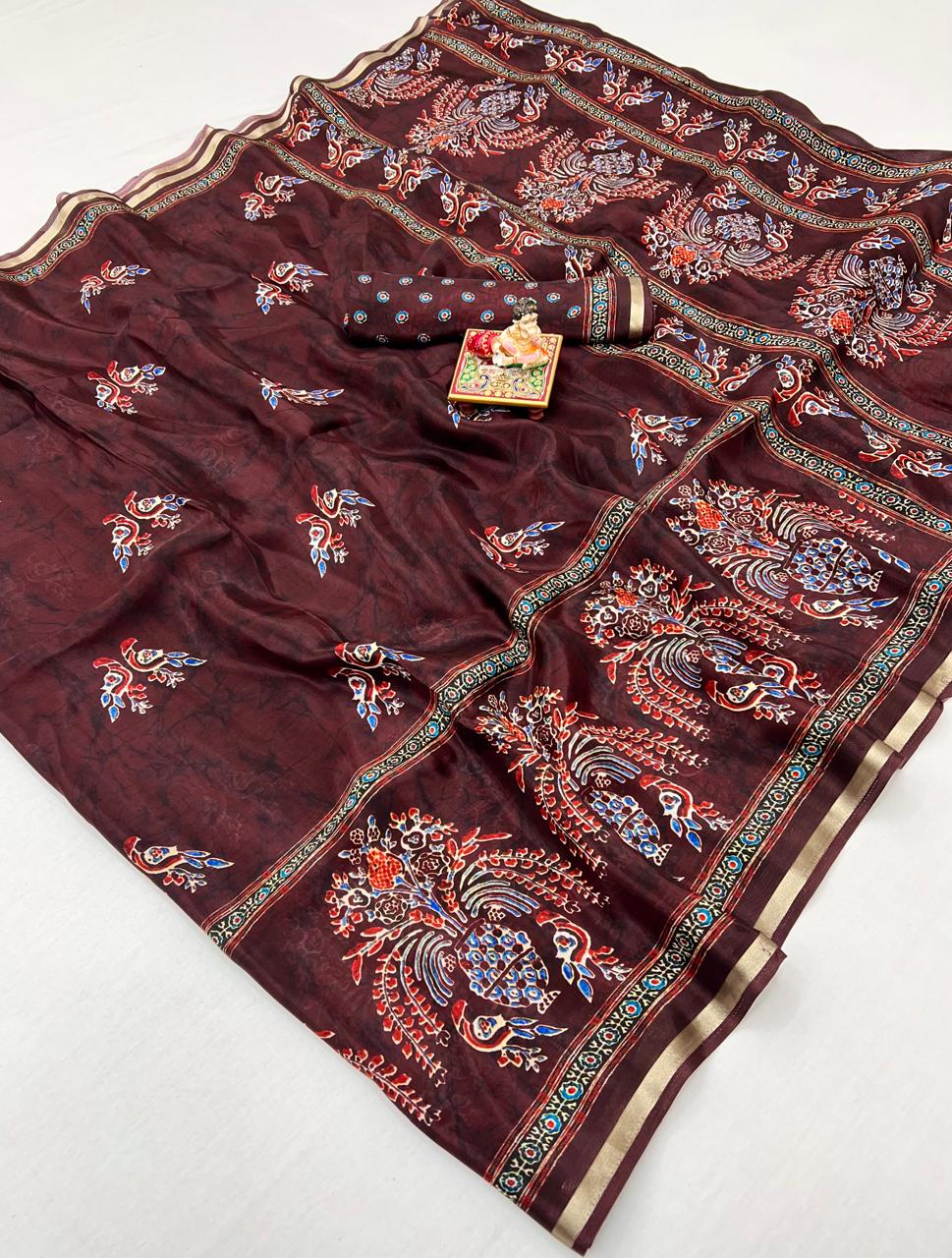 Maroon Digital Print Uppada Silk Saree With Woven Blouse for Women