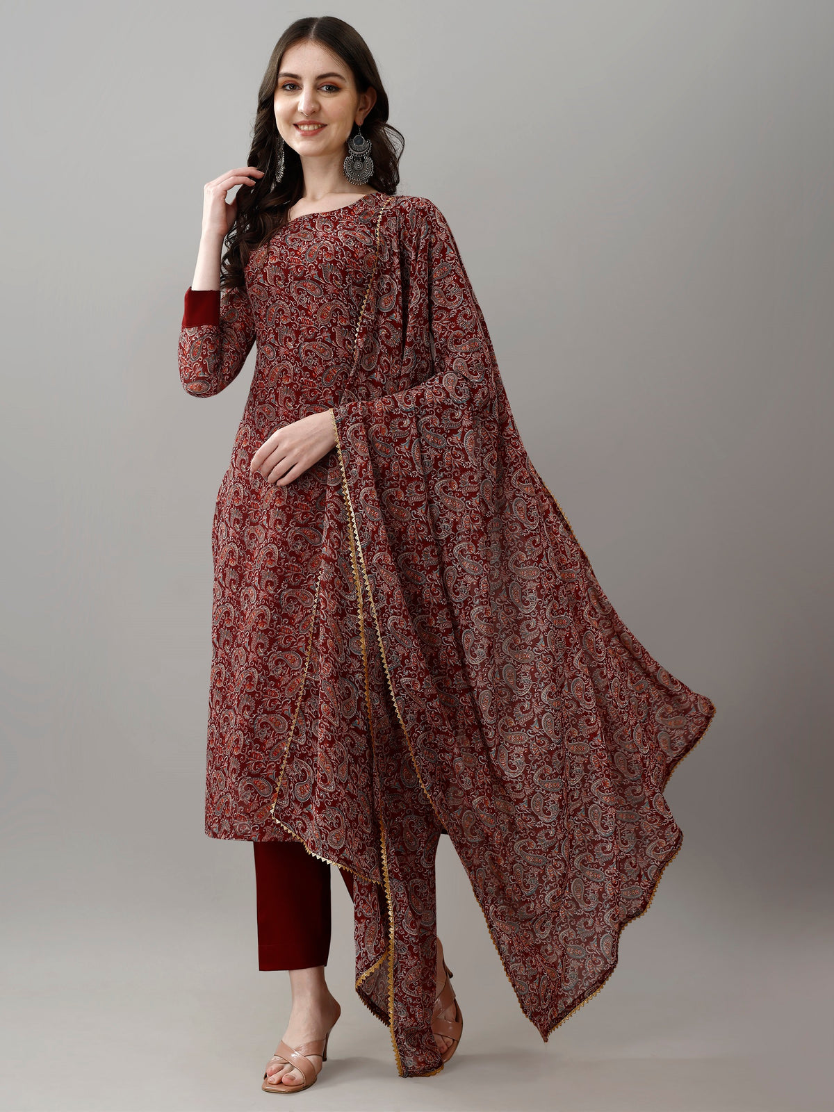 Maroon Printed Georgette Kurta Set with Dupatta Women for Women