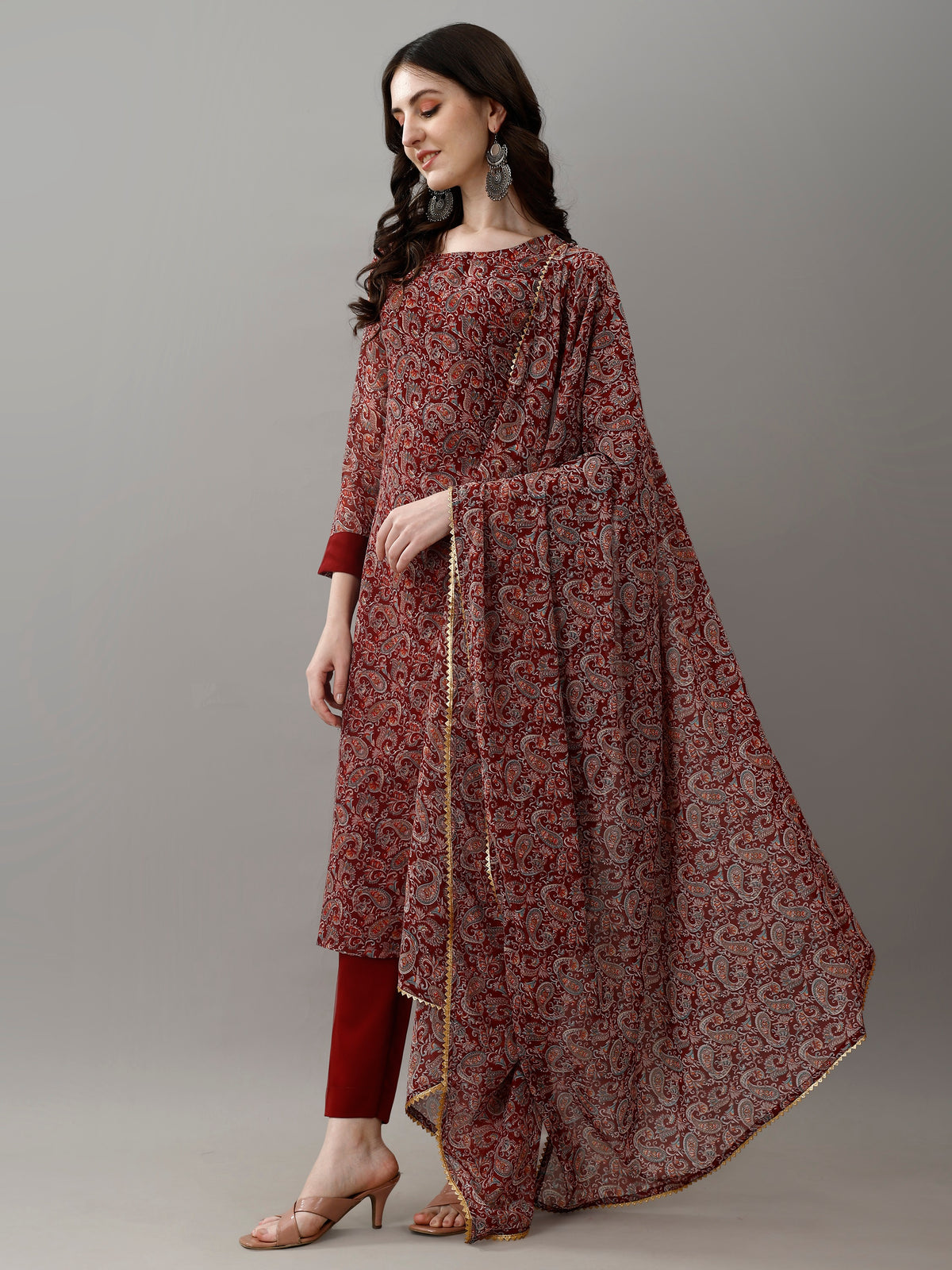 Maroon Printed Georgette Kurta Set with Dupatta Women for Women