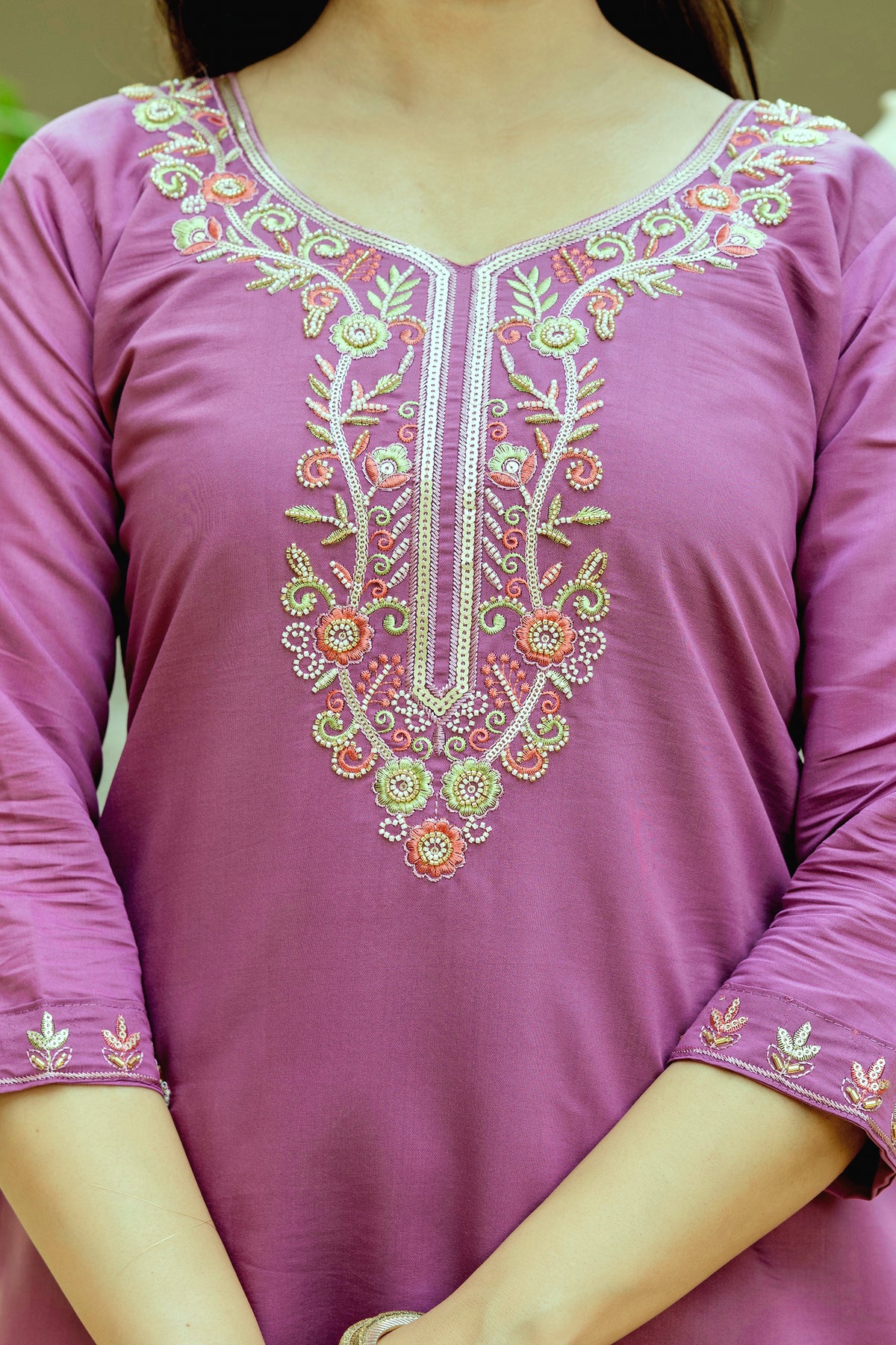 Mauve Embroidered Chanderi Silk Kurti Pant Dupatta for Women