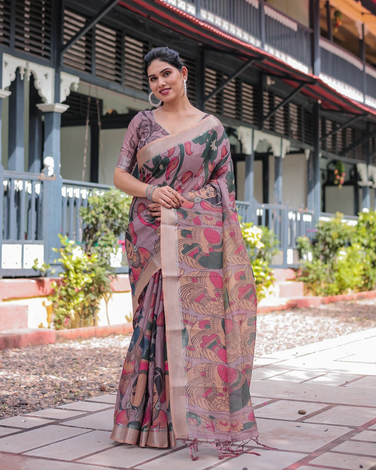 Elegant Mauve Linen Saree with Artistic Madhubani Print for Women
