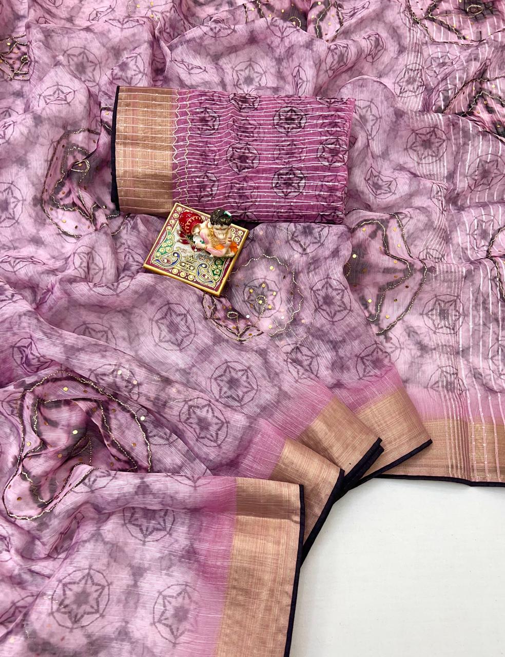 Mauve Organza Cotton Silk Saree With Thread & Sequin Work for Women