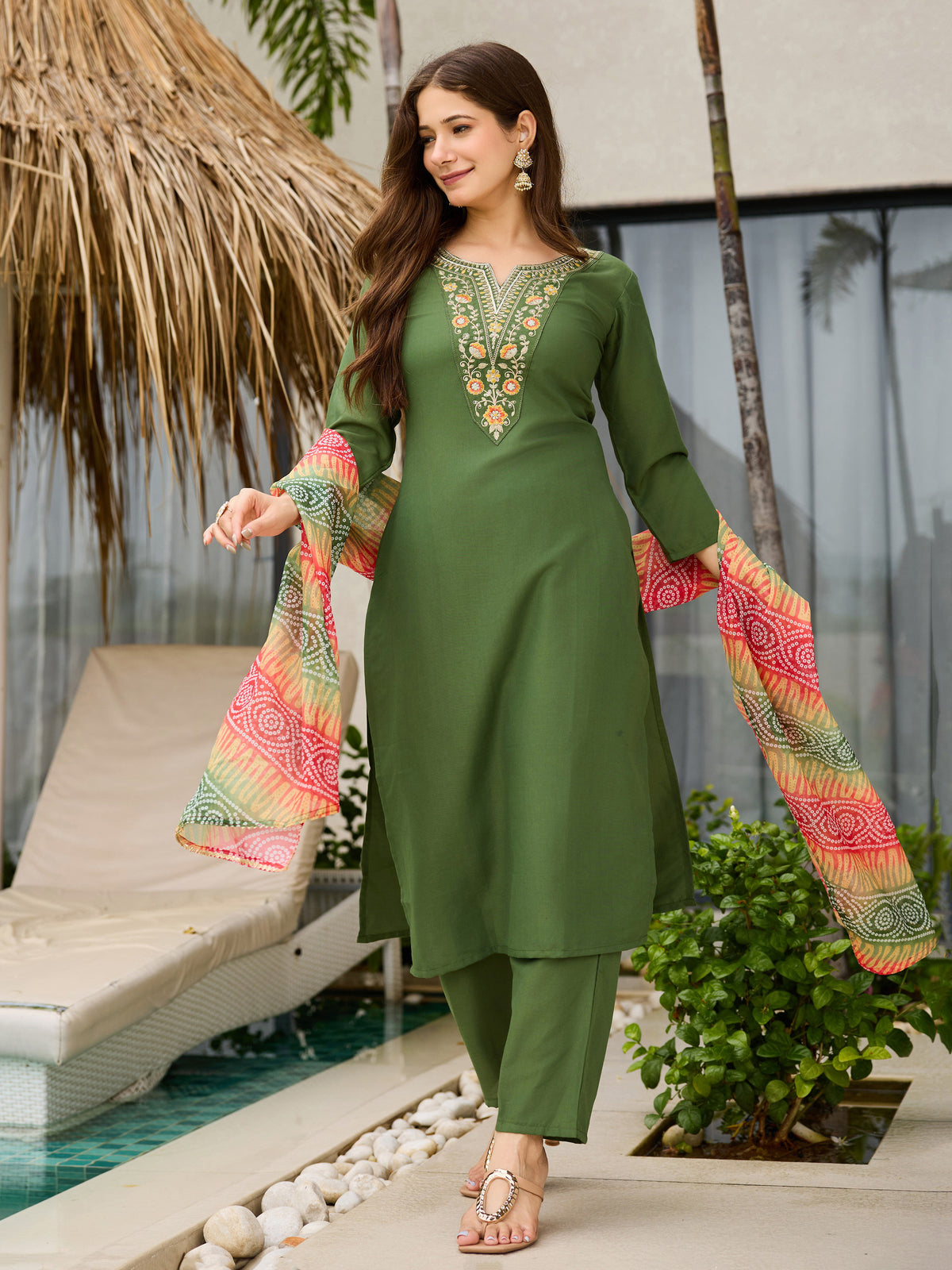 Mehendi Green Embroidered Rayon Kurta Set with Dupatta for Women