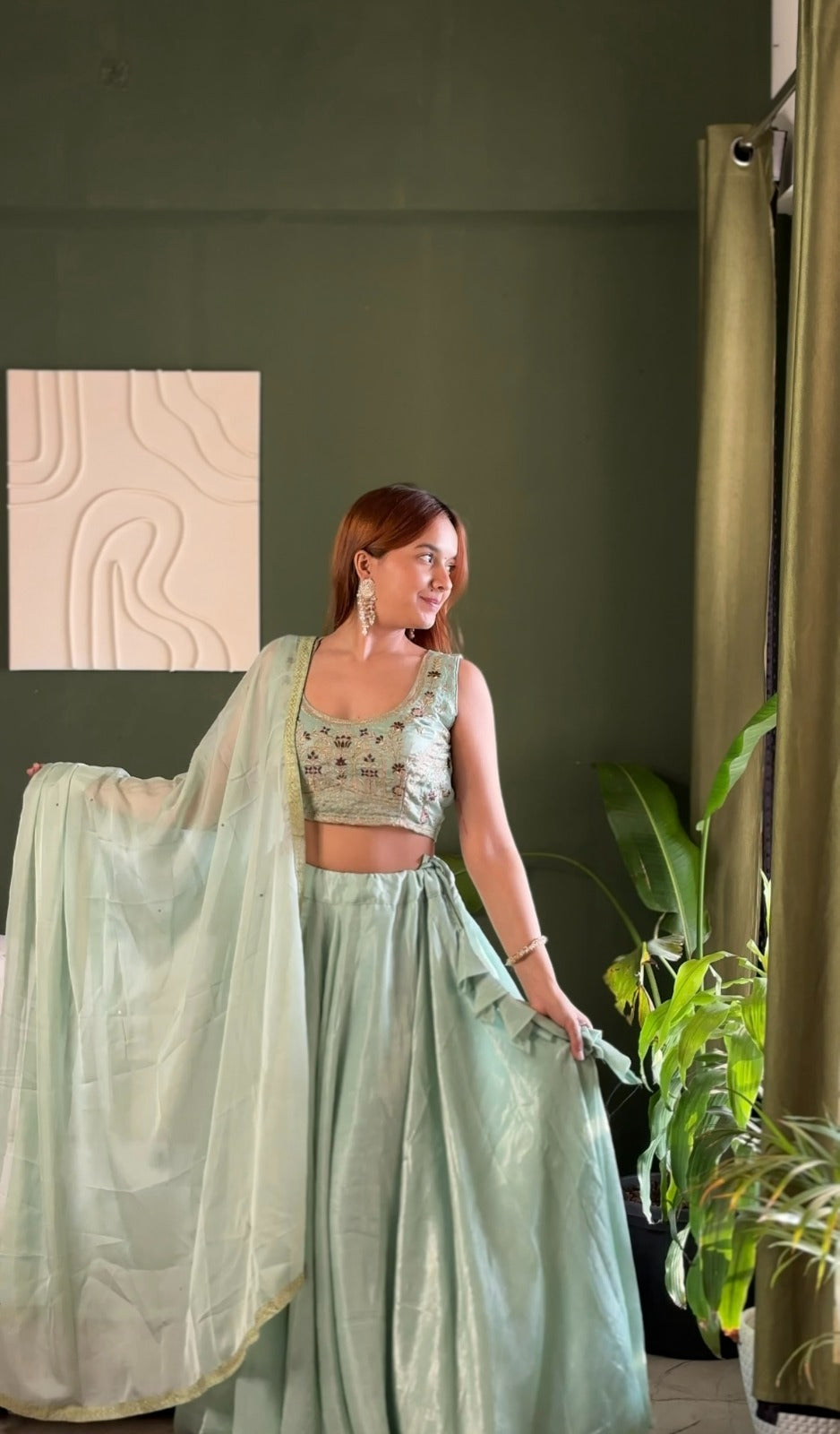 Mint Embroidered Lehenga Set with Net Dupatta for Women