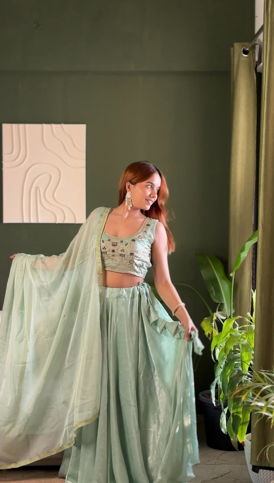 Mint Embroidered Lehenga Set with Net Dupatta for Women