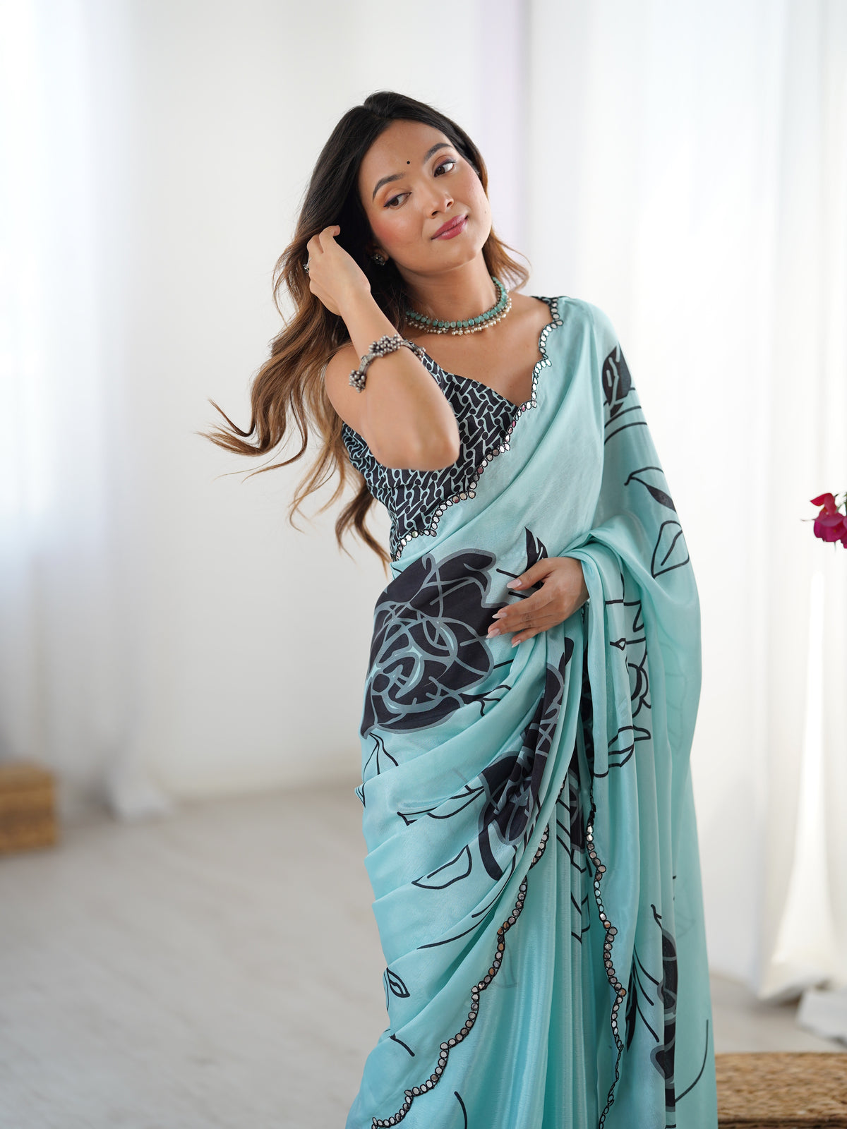 Elegant Mint Green Saree with Kutchi Mirror Lace for Women