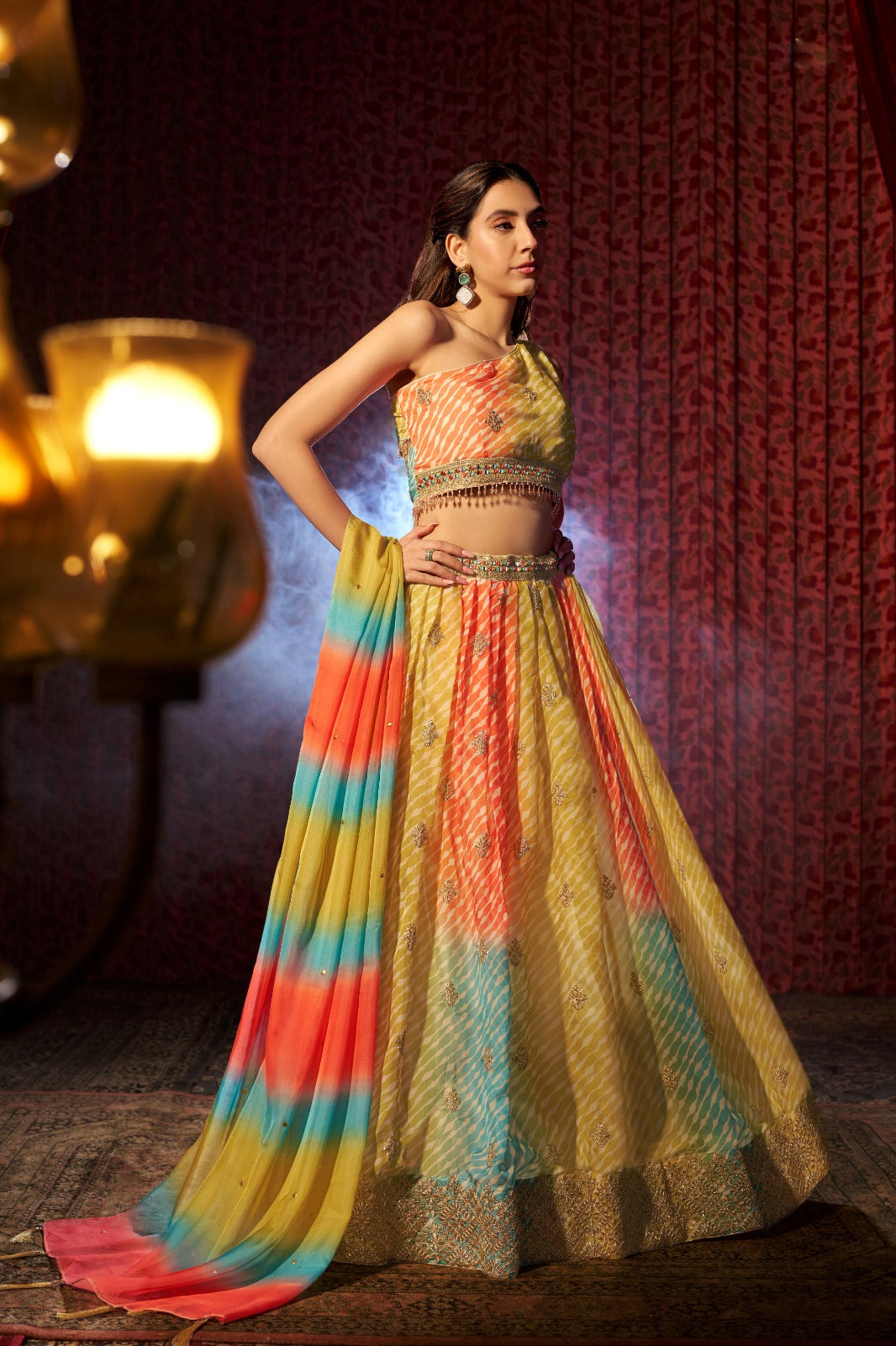 Multi Colour Organza Lehenga Choli with Digital Print, Cording