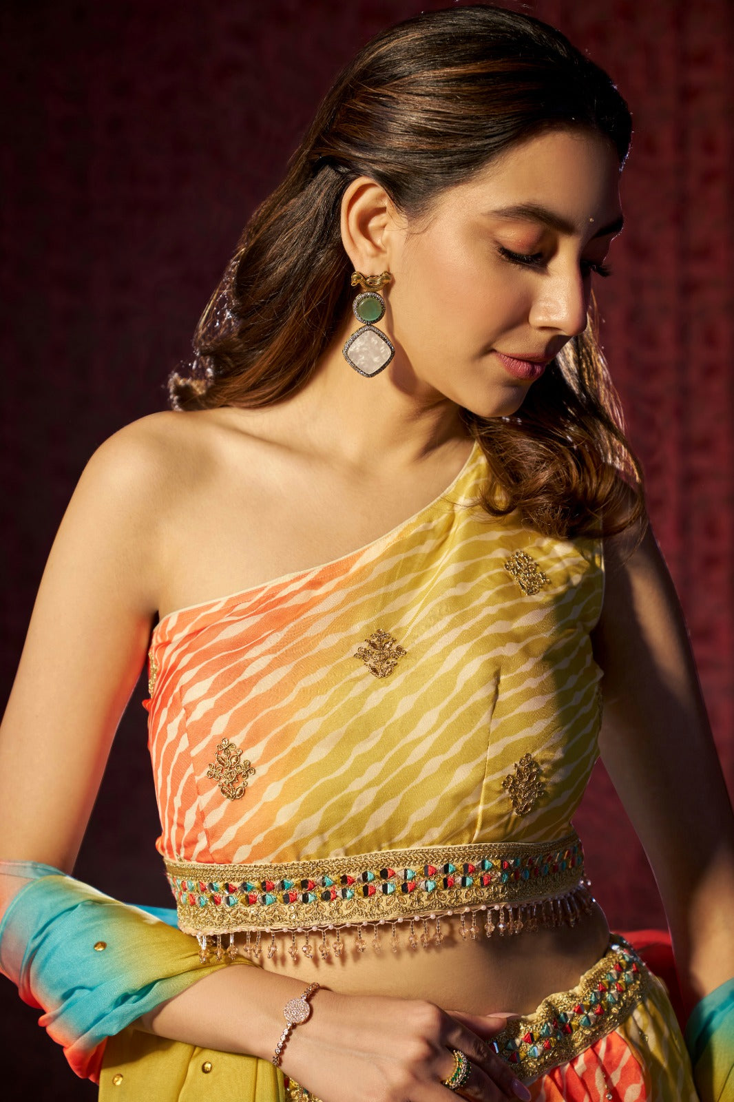 Multi Colour Organza Lehenga Choli with Digital Print, Cording