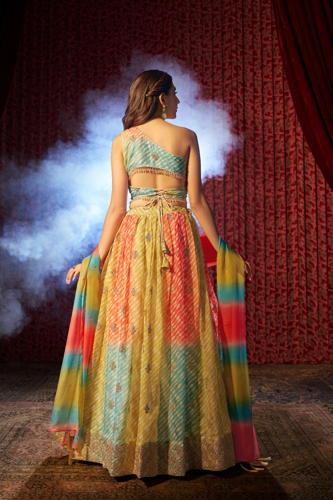 Multi Colour Organza Lehenga Choli with Digital Print, Cording