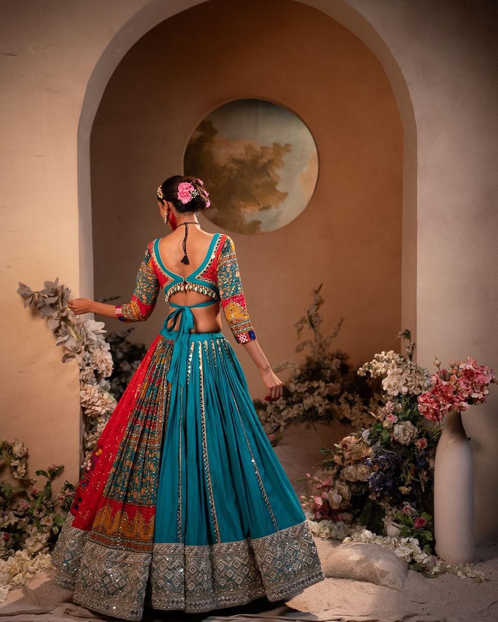 Multicolor Mirror Work Muslin Cotton Lehenga Choli Set for Women