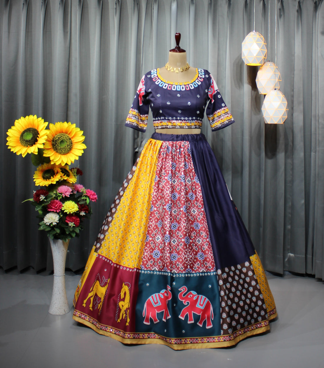 Multicolor Printed Butter Silk Lehenga Choli Set for Women