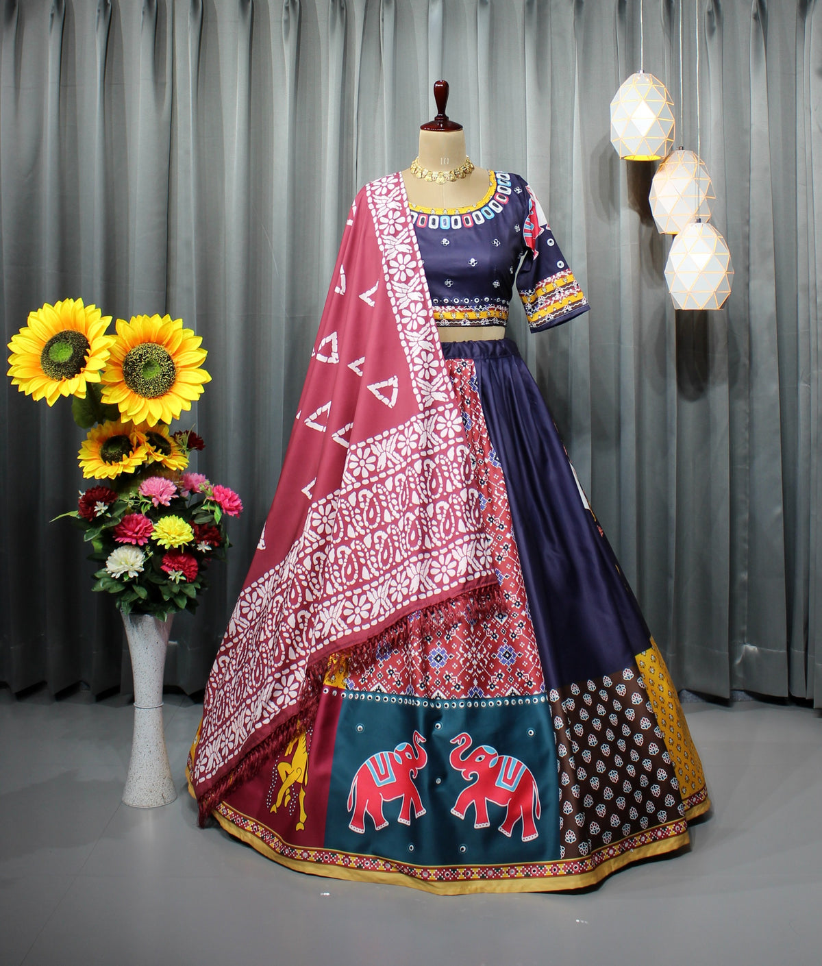 Multicolor Printed Butter Silk Lehenga Choli Set for Women