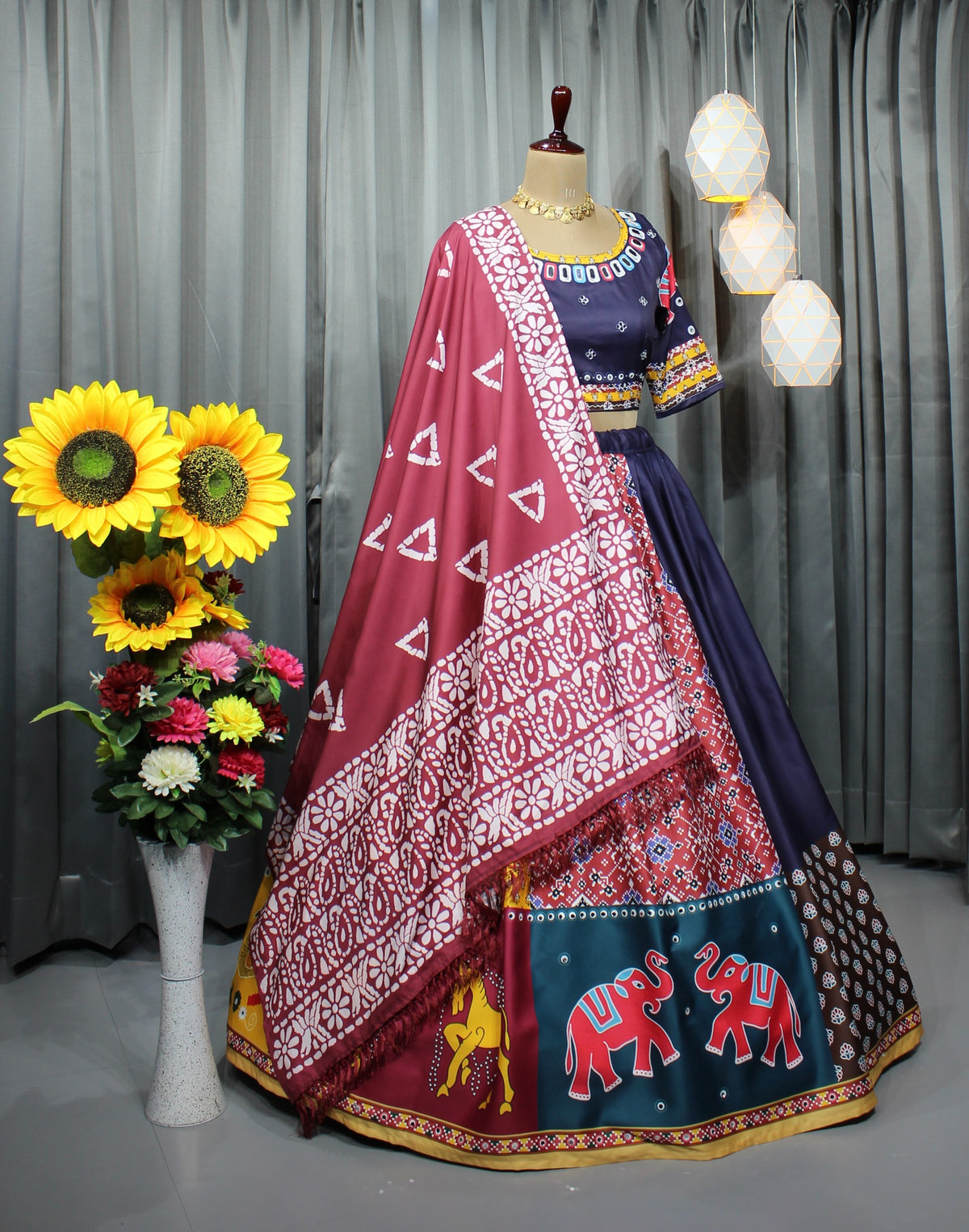 Multicolor Printed Butter Silk Lehenga Choli Set for Women