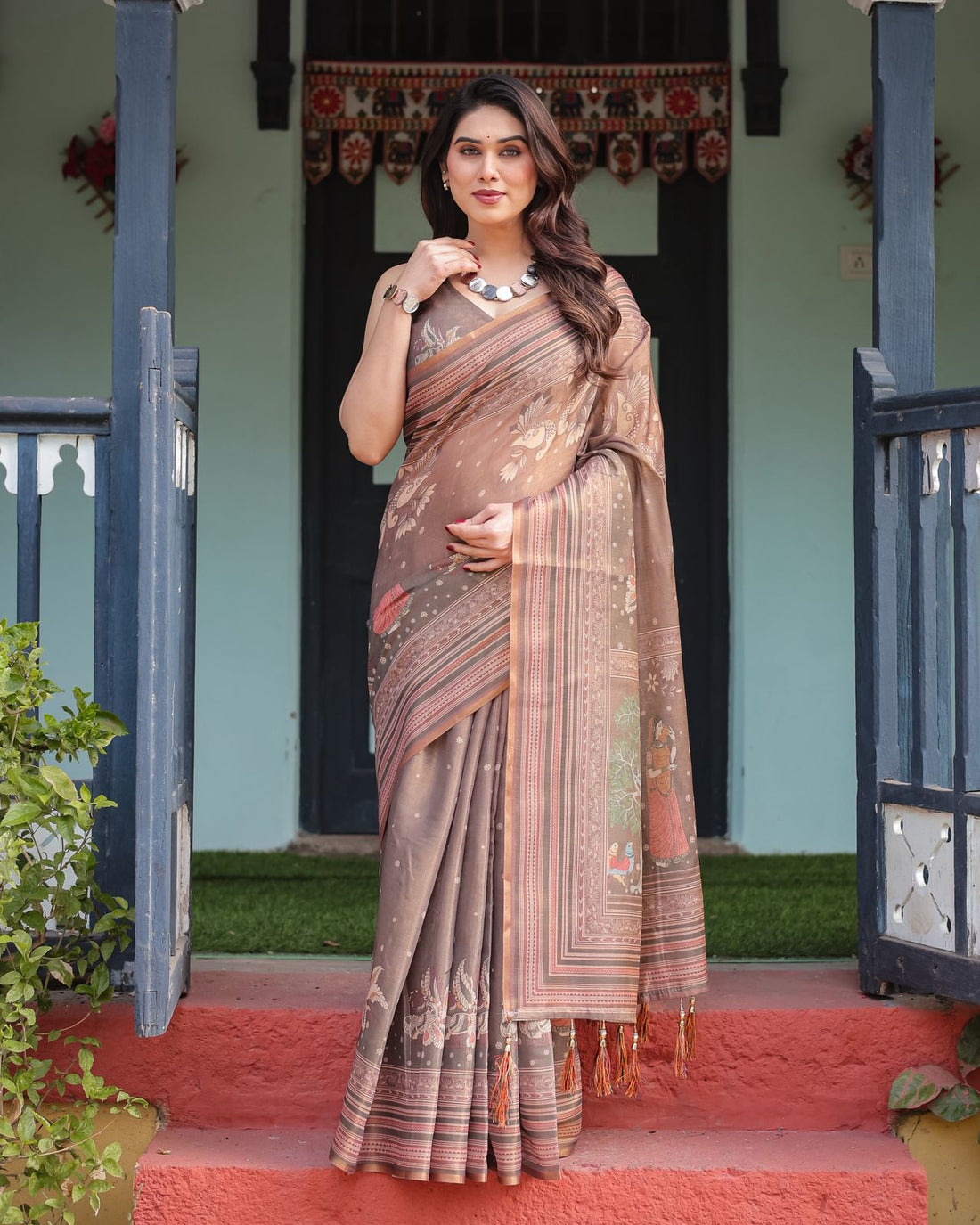 Mushroom Brown Handloom Saree with Ethnic Striped Border for Women