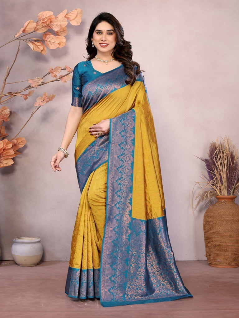 Mustard Teal Banarasi Soft Silk Zari Weave Saree for Women