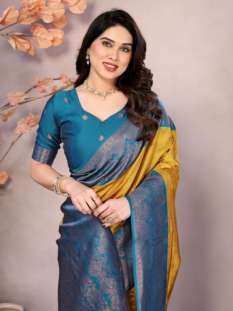 Mustard Teal Banarasi Soft Silk Zari Weave Saree for Women