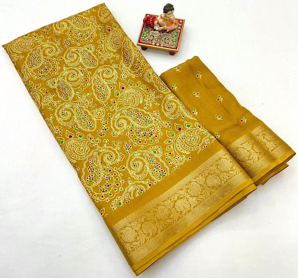 Mustard Calcutta Moss Georgette Printed Saree for Women