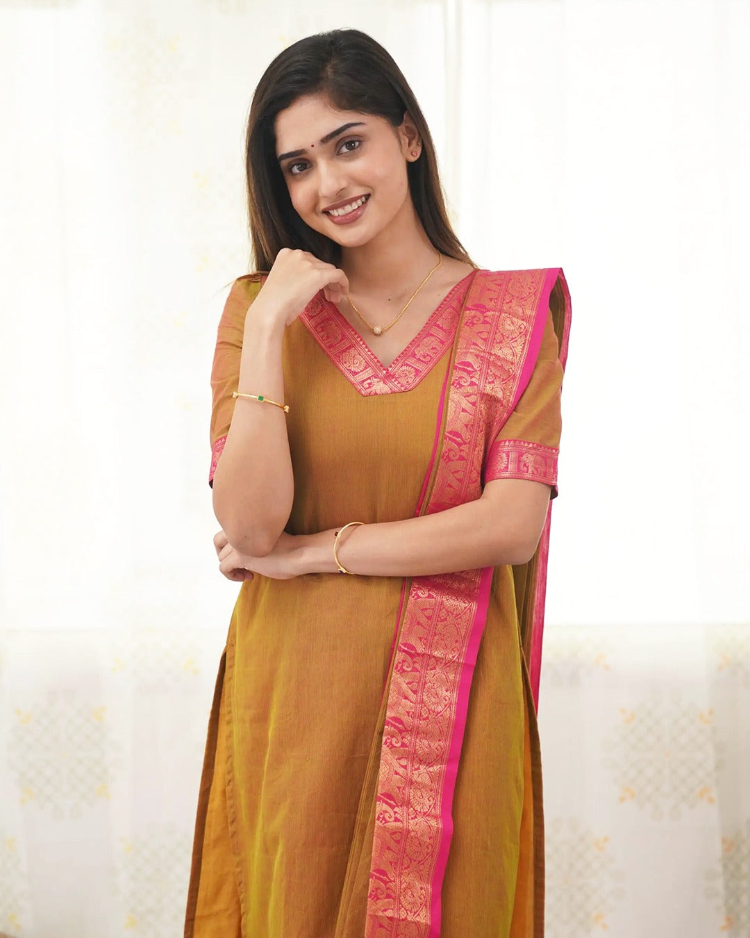 Mustard Kanchi Cotton Kurti Set with Zari Dupatta for Women