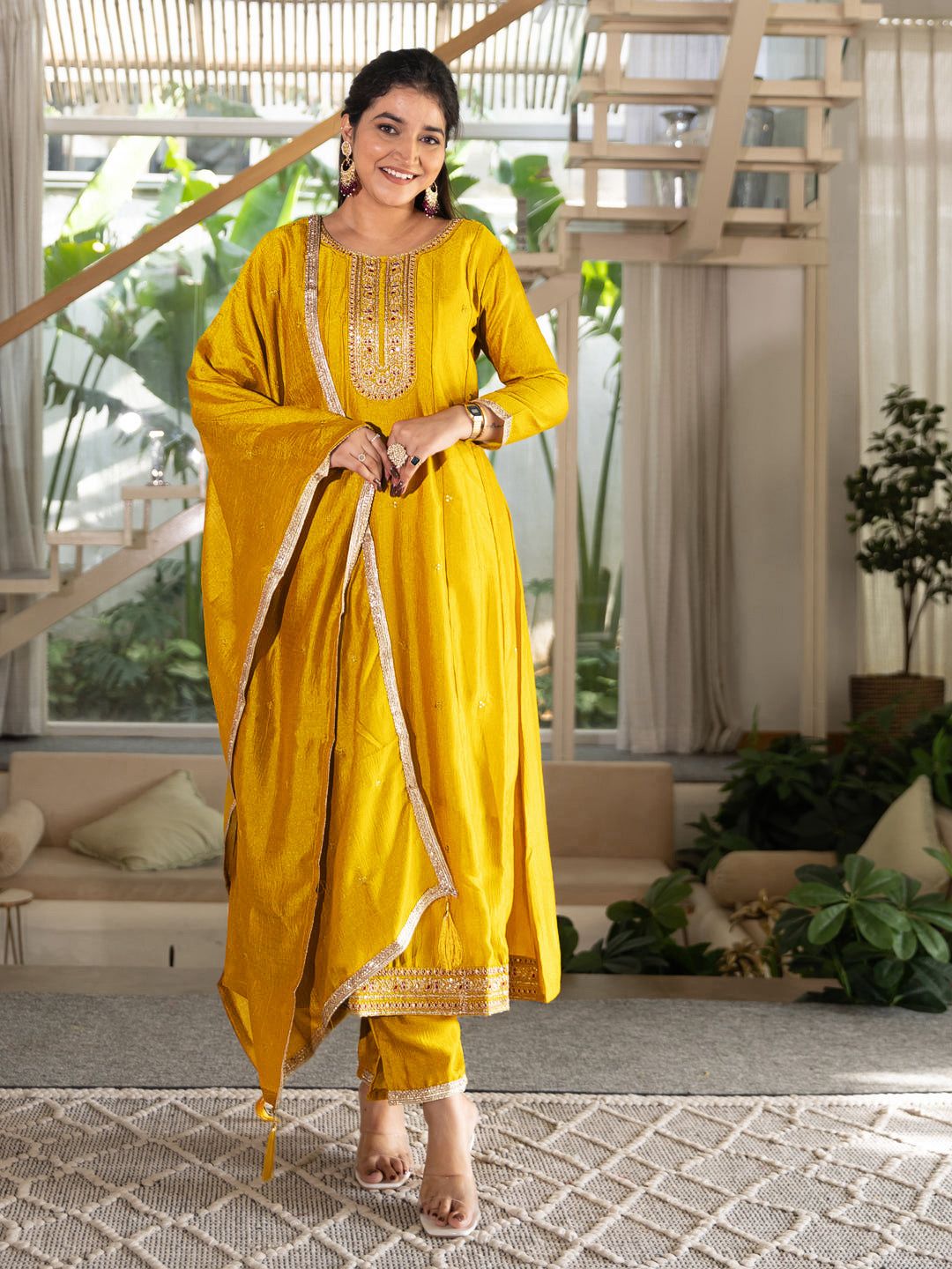 Mustard Silk Embroidered Anarkali Kurti Pant Set Sale for Women