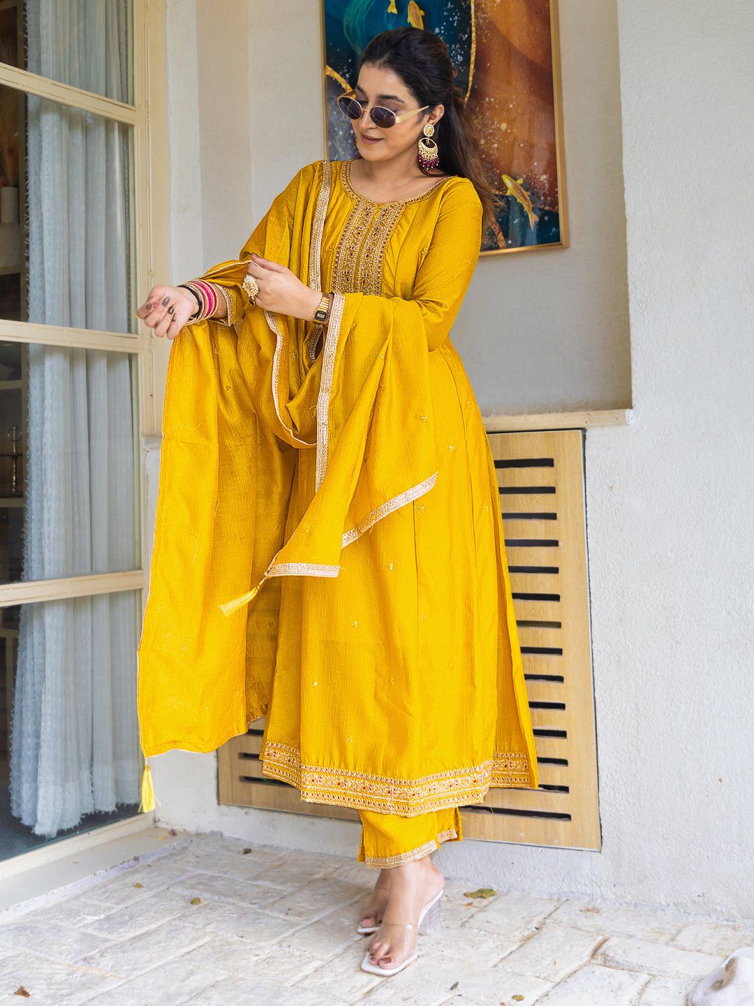 Mustard Silk Embroidered Anarkali Kurti Pant Set Sale for Women