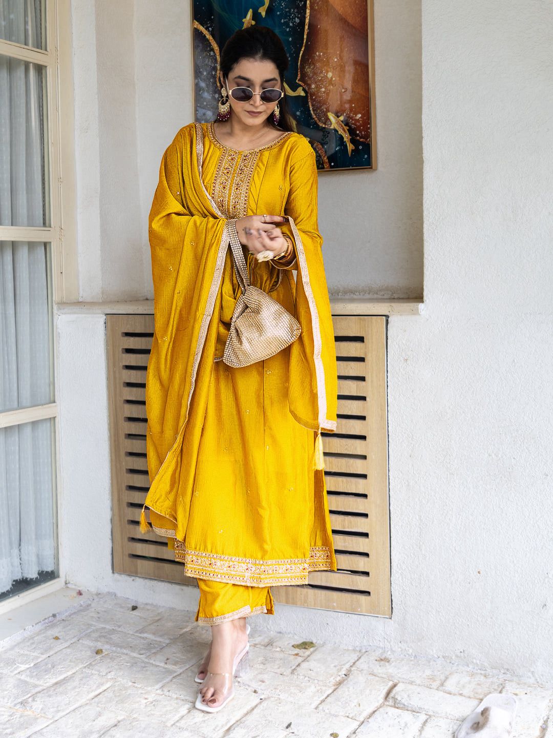 Mustard Silk Embroidered Anarkali Kurti Pant Set Sale for Women