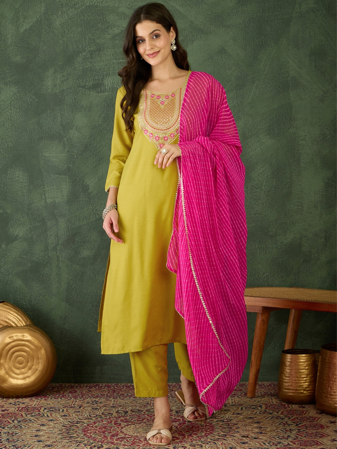 Mustard Embroidered Kurti Pant Dupatta Set Women for Women