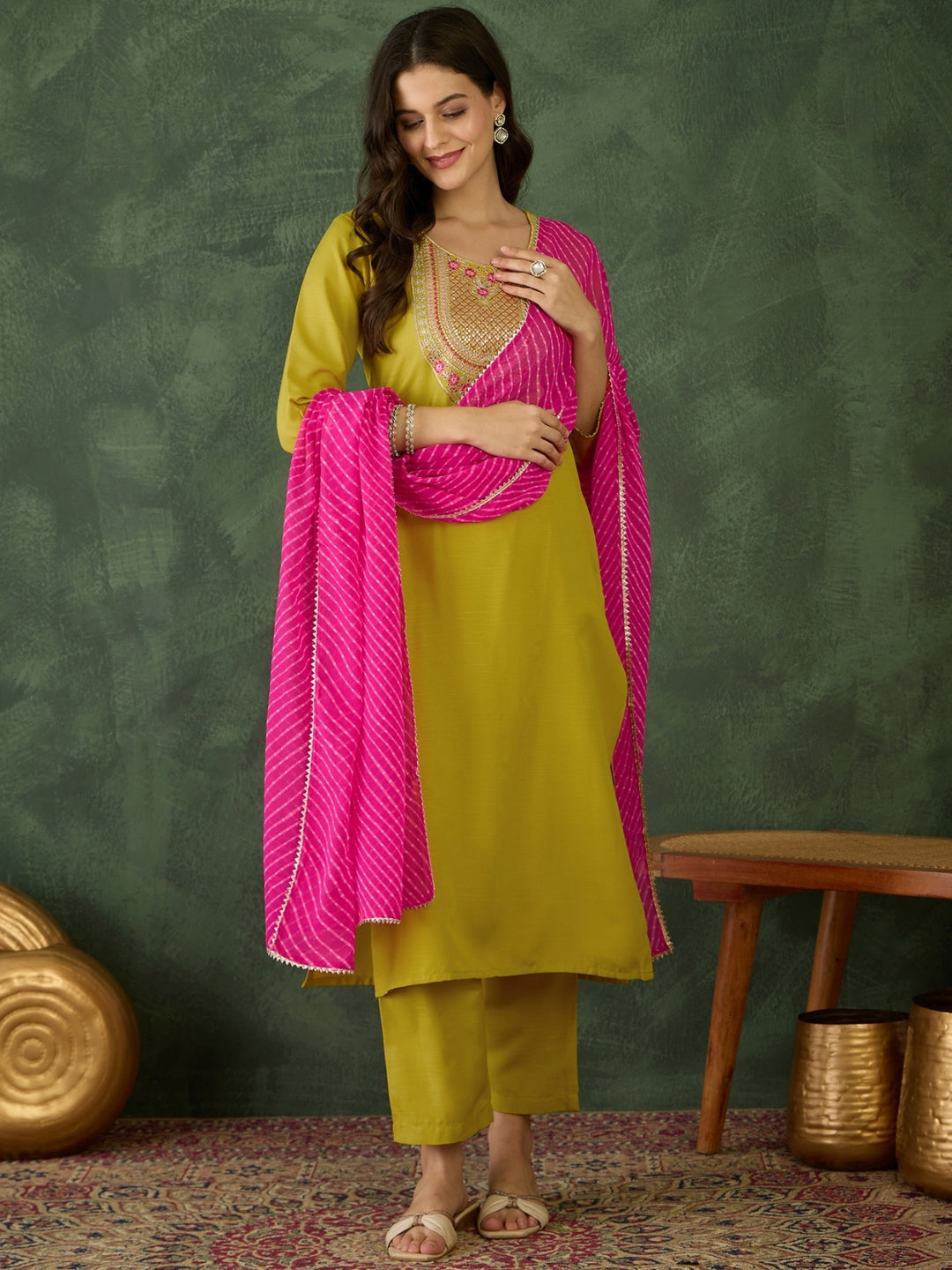 Mustard Embroidered Kurti Pant Dupatta Set Women for Women